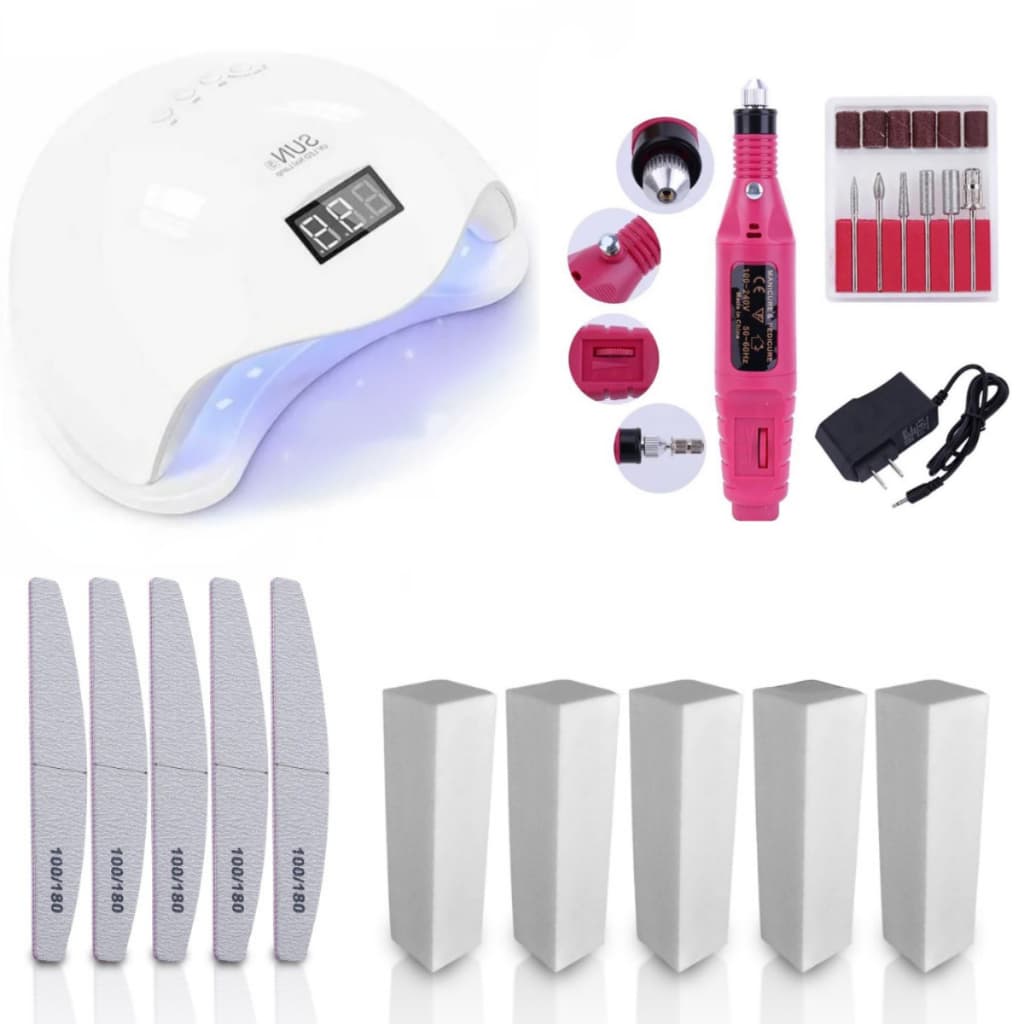 Kit Lixadeira Caneta, Cabine Sun 5, Lixa Bloco e Boomerang Alongamento, Nail Designer Profissional