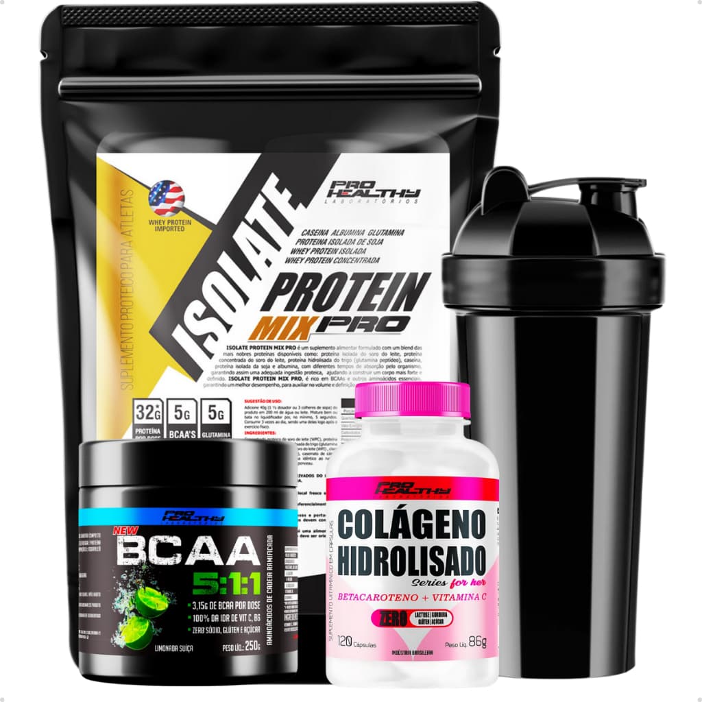 Combo Isolate 900g + Colageno + Bcaa 5:1:1 e Brinde Coqueteleira Pro Healthy