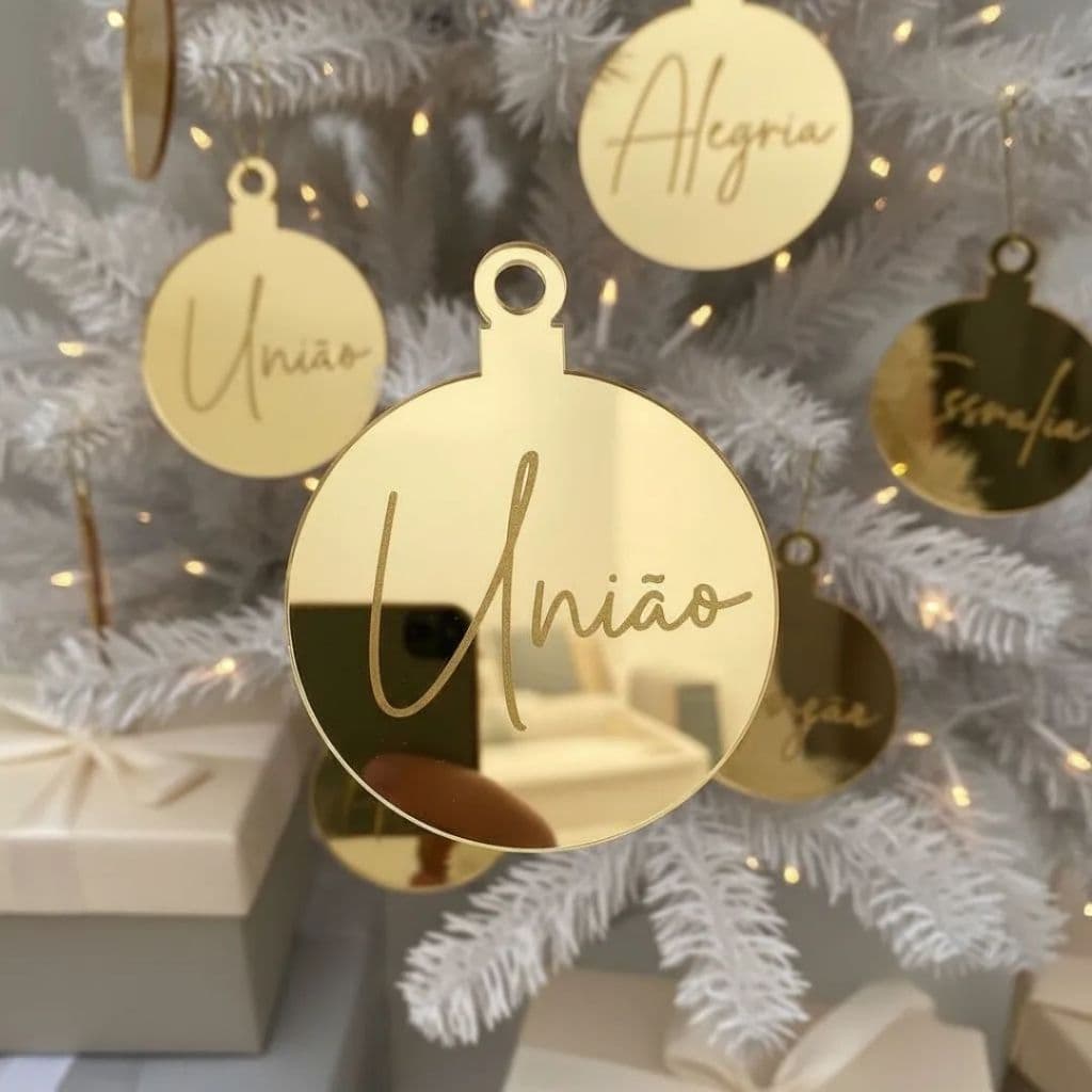 Kit 8 Enfeites de Natal em Acrílico Espelhado Bolas 6cm Gravadas com Palavras - Decoração p/Árvore, guirlanda, enfeites