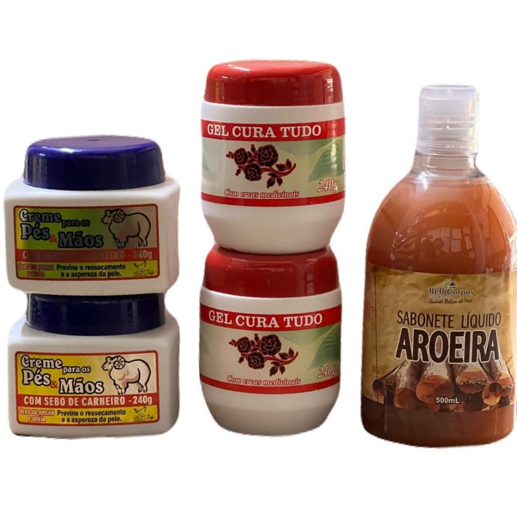 Combo 2 Creme Pés e Mãos e 2 Gel tampa vermelha e 1 Sabonete Aroeira