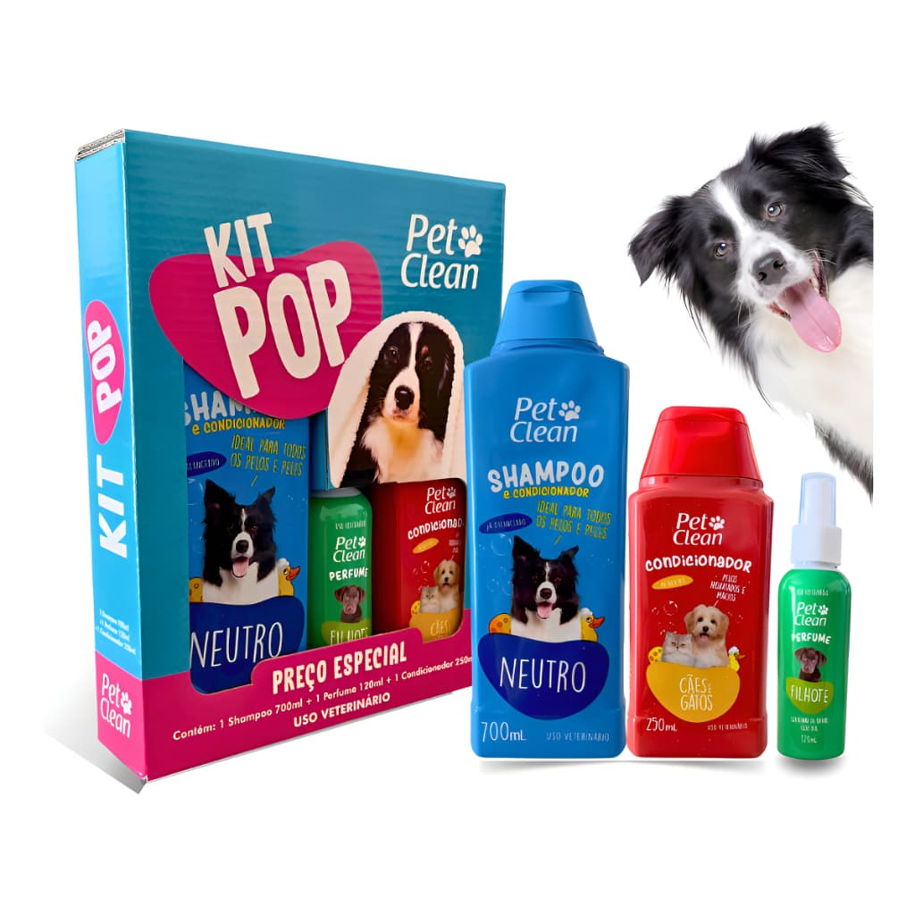 Kit Banho Cães Gatos Pet Clean Shampoo Condicionador Perfume Higiene Filhote Adulto Cheiroso