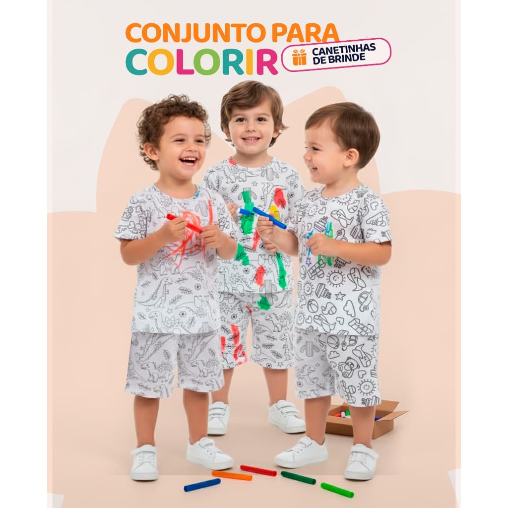 Kit de 1, 2 ou 3 Conjuntos Pijama Bebê Menino de Colorir +Canetinhas  Pijama Infantil Masculino