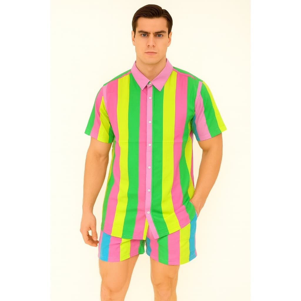 Conjunto Camisa e Short Listrado Colorido Liso Adulto Masculino Tecido de Viscolinho