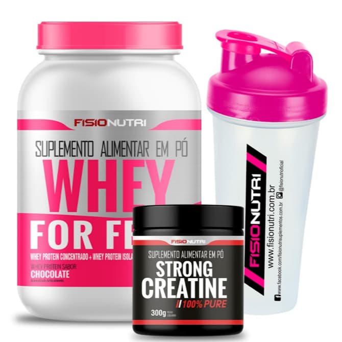 Kit 1 Whey For Feme 900g + 1 Strong Creatine 300g + 1 Coqueteleira 600ml