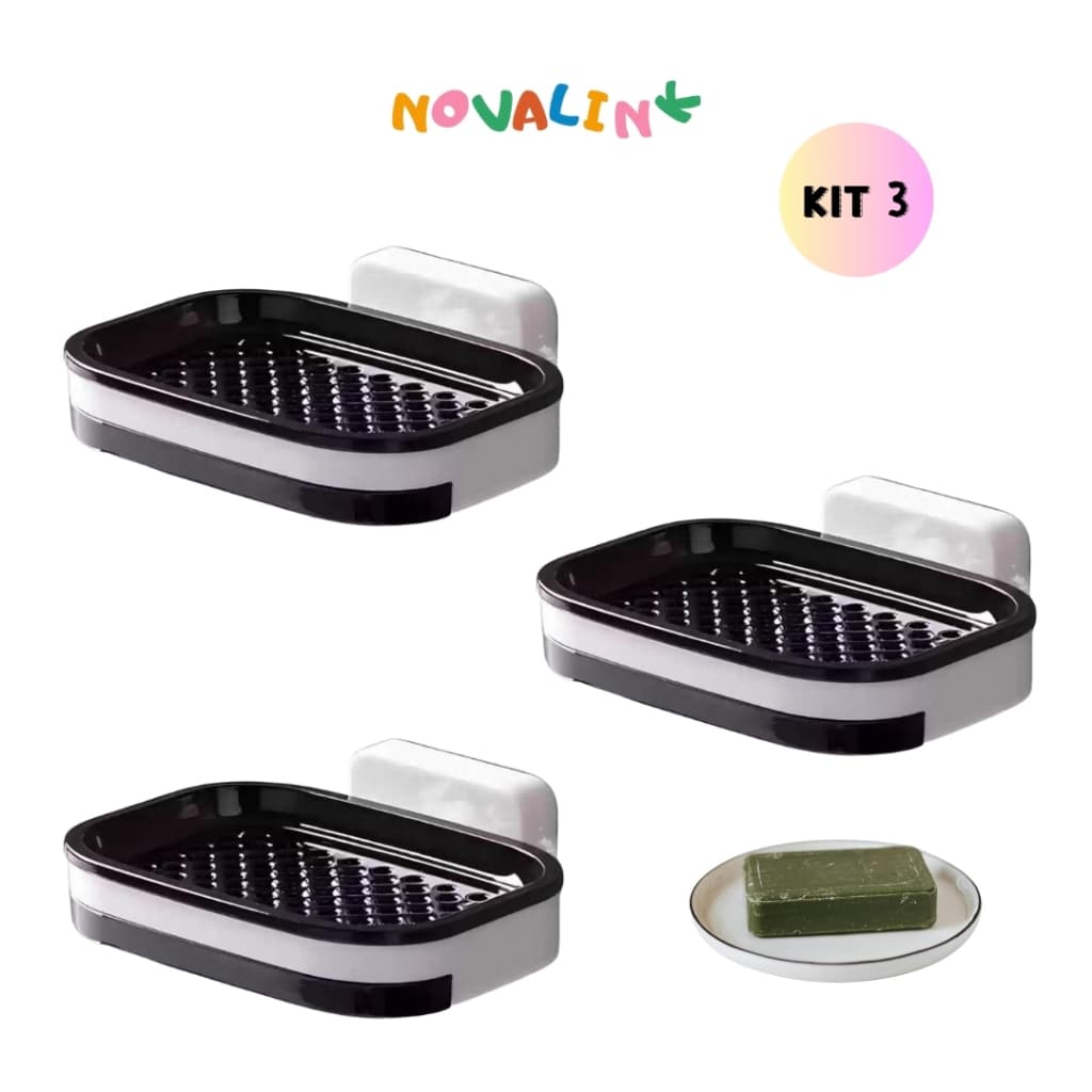 Kit 3 Saboneteira Adesiva de Parede Com Bandeja e Sem Perfuração