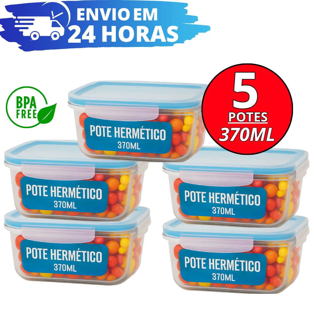 Conjunto 5 Potes Vidro Resistente Hermético Mantimentos Marmita 370ml
