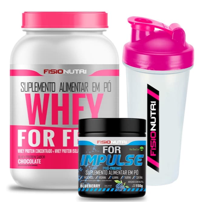 Kit 1 Whey For Feme 900g + Pré Treino For Impulse 150g + 1 Coqueteleira 600ml - Fisio Nutri