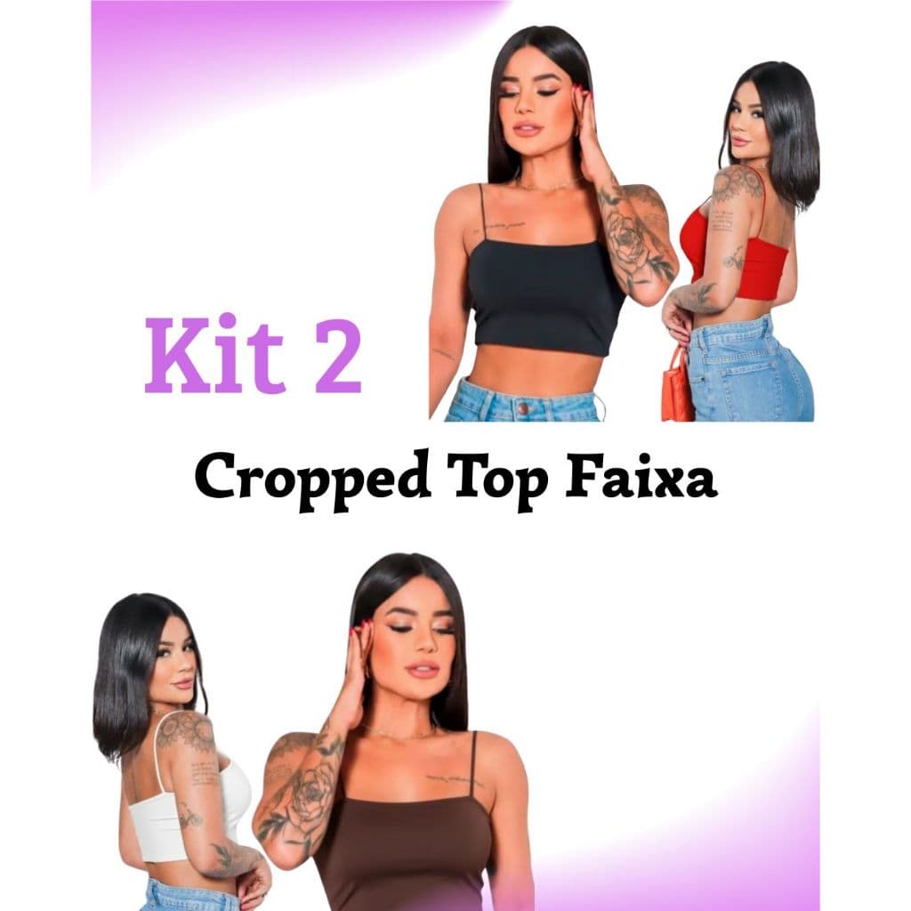 Kit 2 Cropped Feminino Top Faixa Alças Finas Elástico Básico Forro Duplo Suplex Premium Dia a Dia