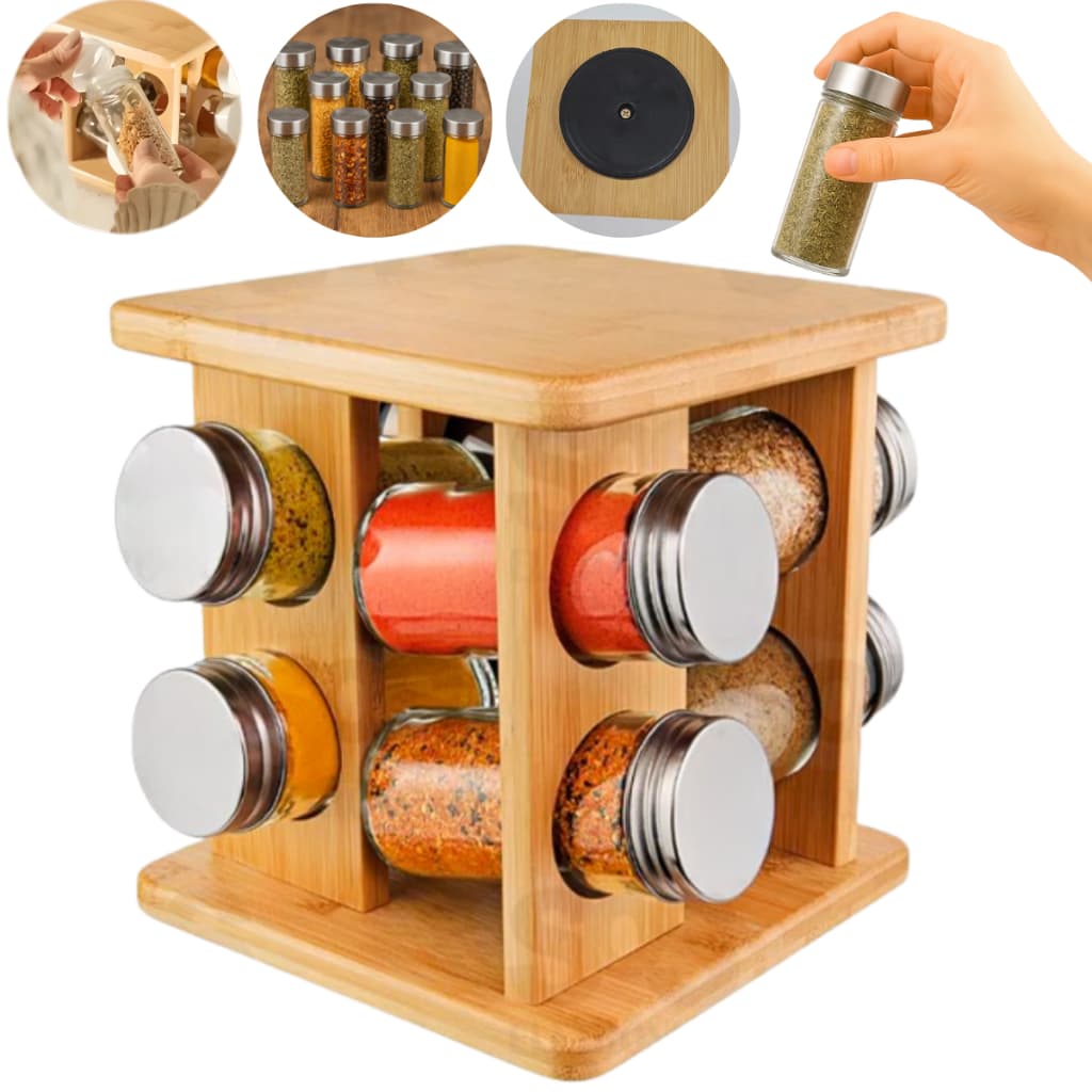 Porta Temperos Giratório Bambu 8 em 1 com Frascos de Vidro Tampa Inox Cozinha