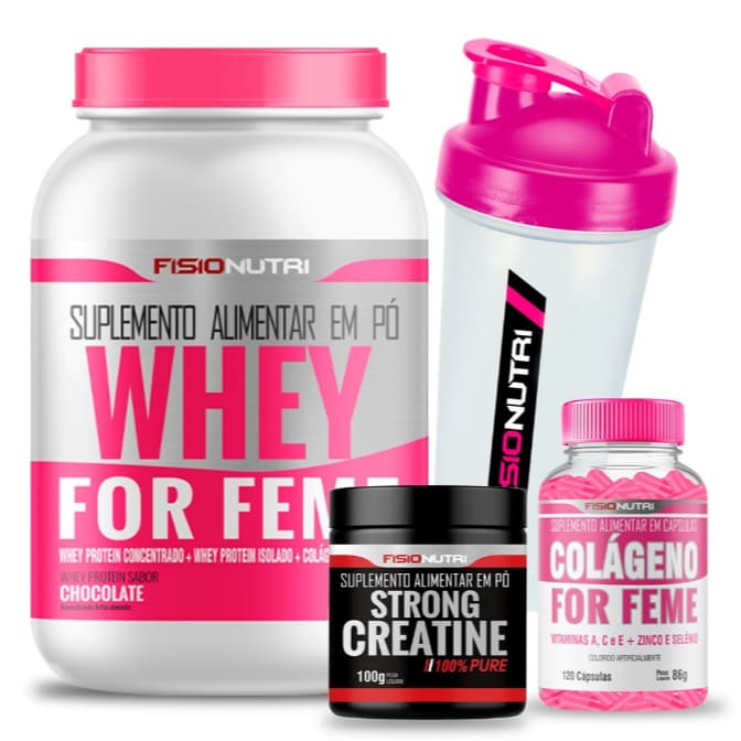 Kit 1 Whey For Feme 900g + 1 Strong Creatine 100g + 1 Colágeno For Feme 120 Tabs + 1 Coqueteleira - Fisio Nutri