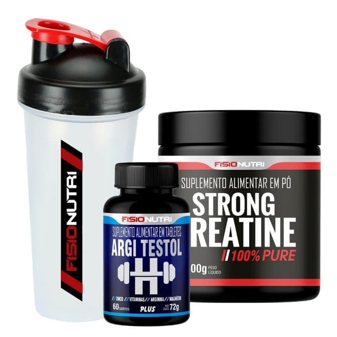 Kit 1 Strong Creatine 300g + 1 Suplemento Alimentar Argi Testol 60 Tabs + 1 Coqueteleira 600ml  - Fisio Nutri