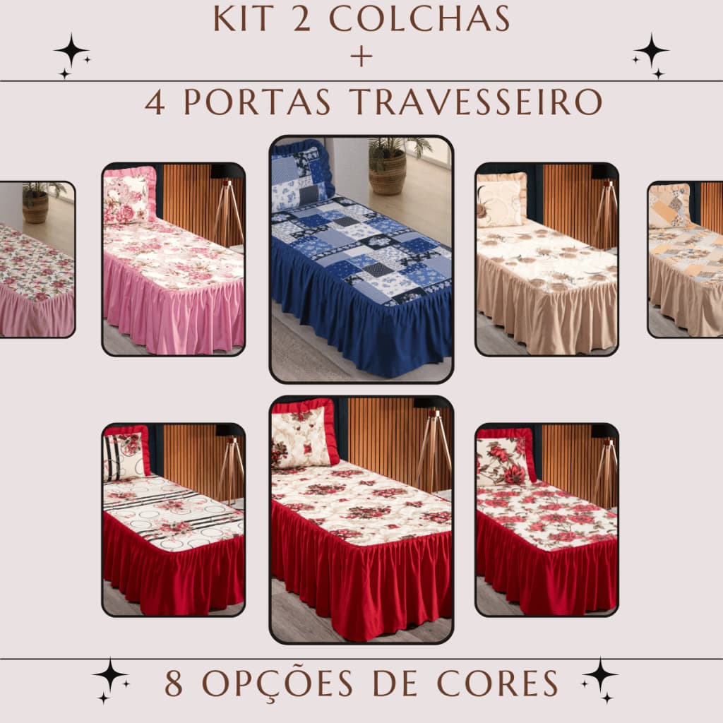 Kit 2 Colchas Solteiro com Babado + 2 Porta Travesseiro - Varias Estampas, Facil de colocar