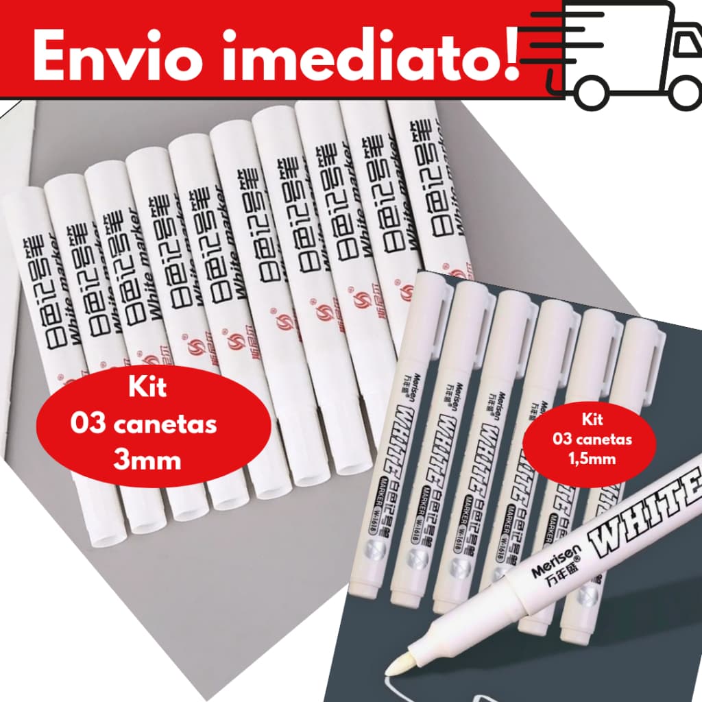 Kit com 03 Canetas Marcadora Permanente Branca 1,5mm/3mm – À Prova d’Água