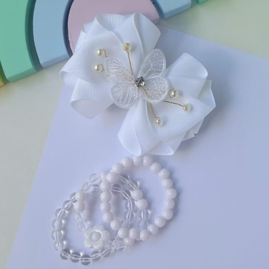 laço branco luxo de cabelo com pulseiras para festas, casamentos