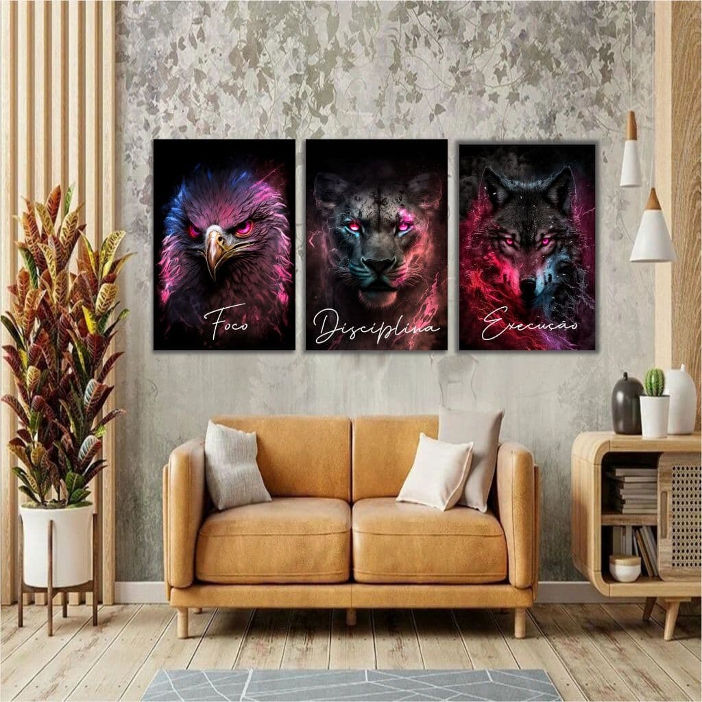 Quadros Decorativos 3 peças Animais lobo aguia e leão com Frase Motivacional quadro para academia