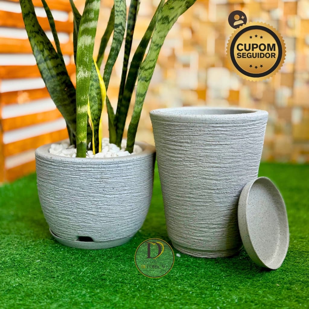Kit 2 Vasos Decorativos Escovado - Bojo e Coluna Redonda - Plantas Jardim Varanda c prato coletor PP