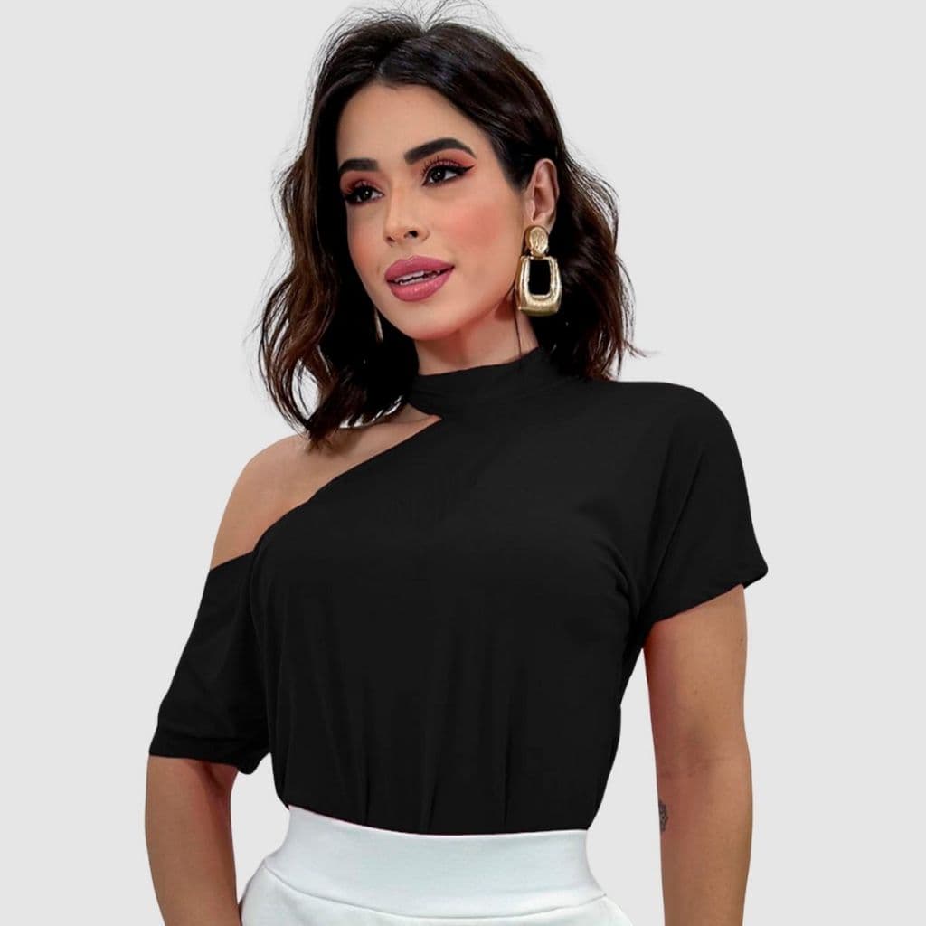 Blusa Blusinha Feminina Manga Curta Soltinha Gola Choker Ombro Vazado Social