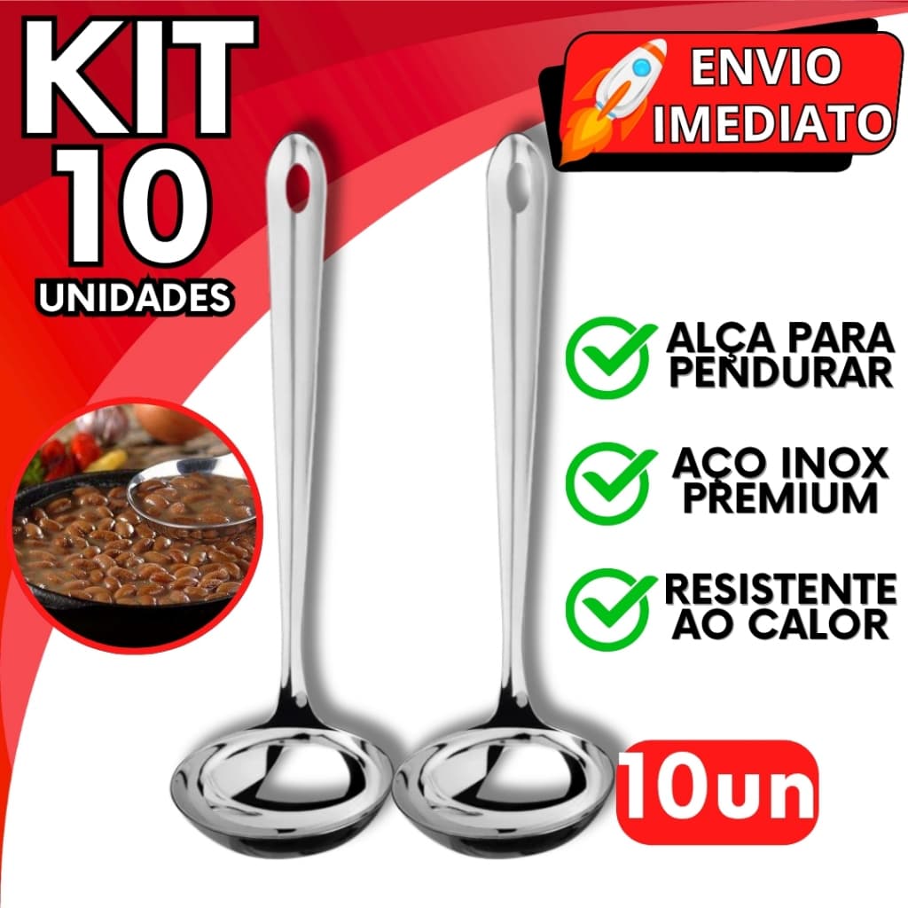 KIT Jogo 10 Concha de Feijão Aço Inox GRANDE Resistente para Servir Molho Feijão Sopa Caldo para Casa Restaurante Buffet