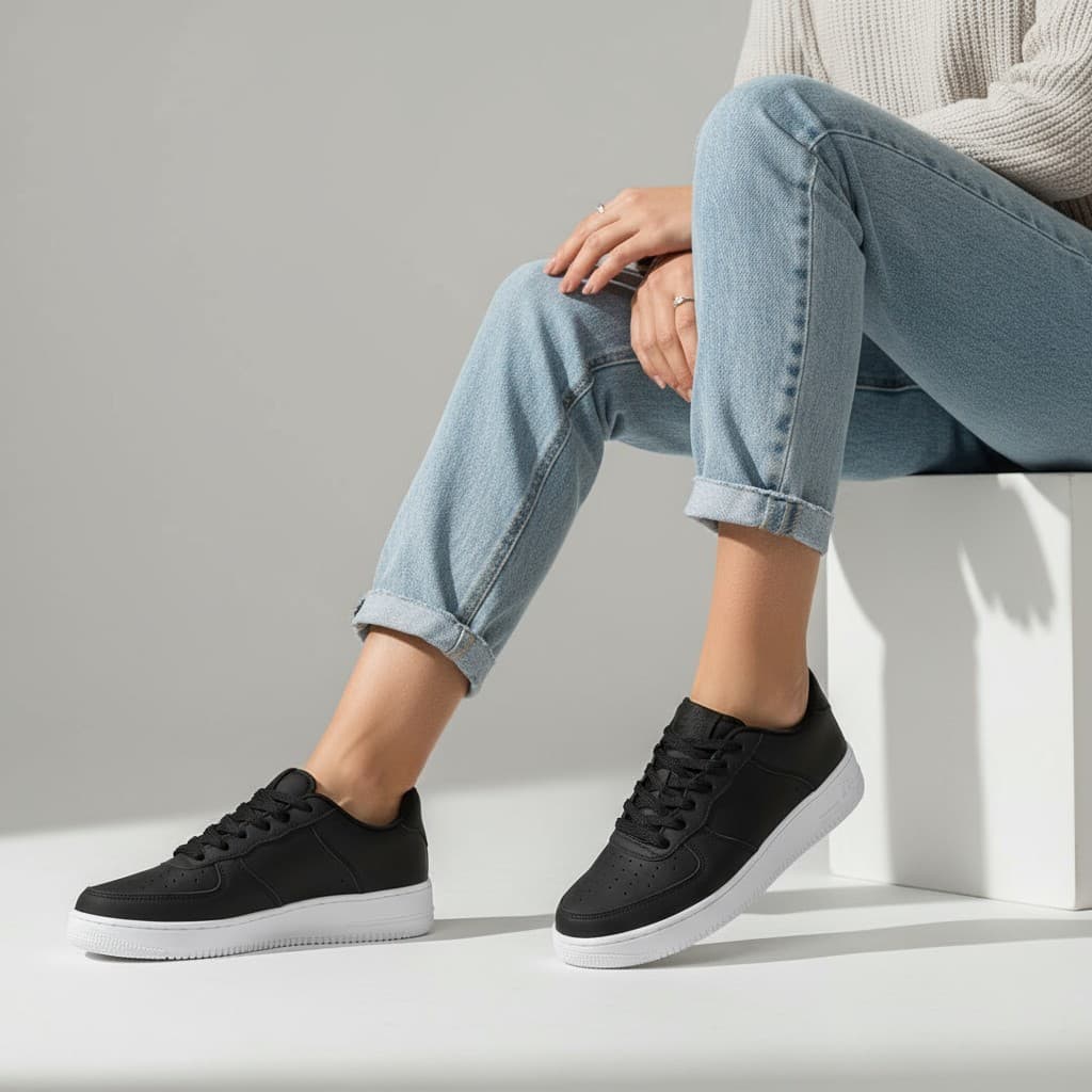 Tênis Feminino Casual Preto Lançamento Confortável Leve Solado Branco Estilo Urbano Promoção