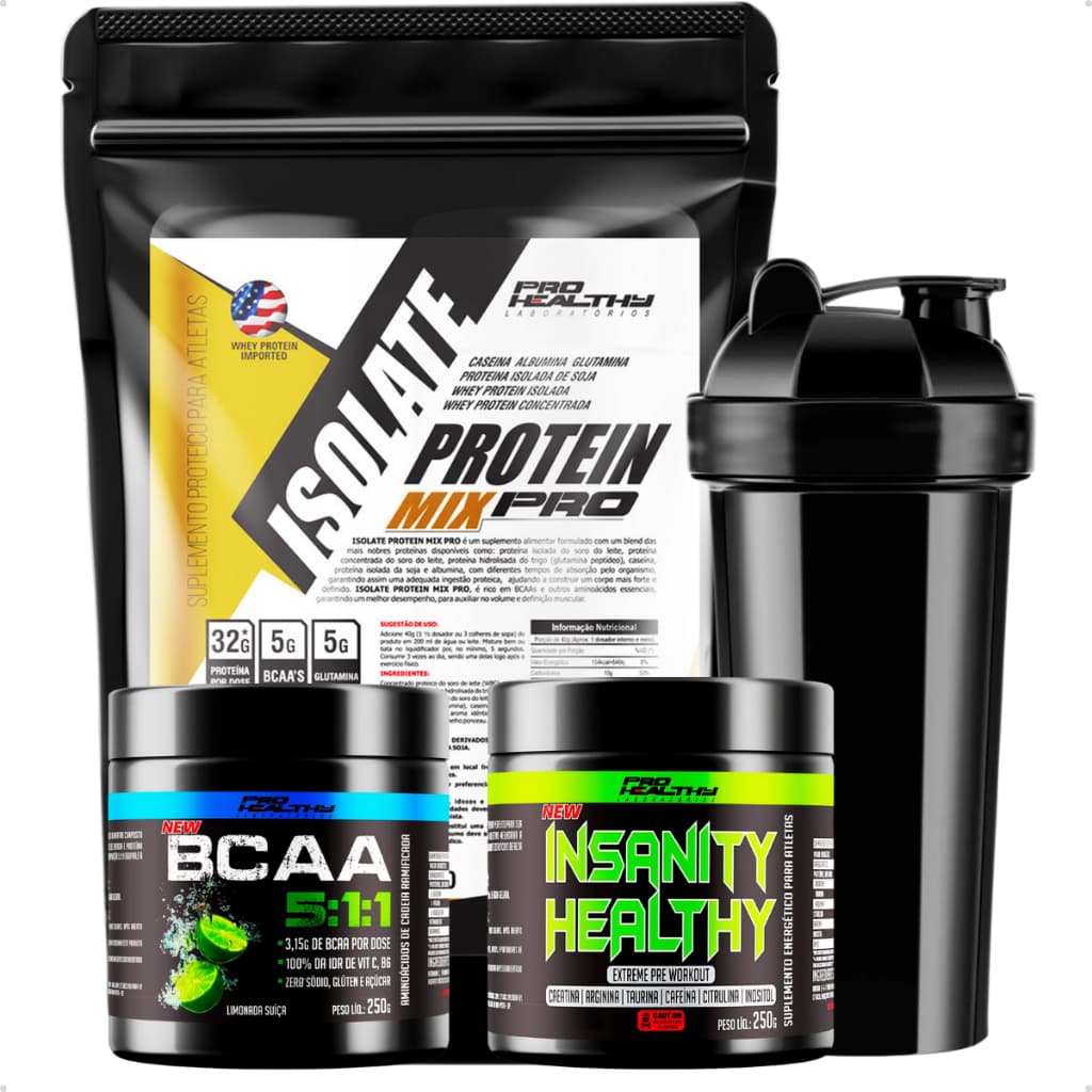 Kit Isolate Whey 900g + Bcaa 5:1:1 + Pré Treino Insanity e Brinde Coqueteleira Pro Healthy