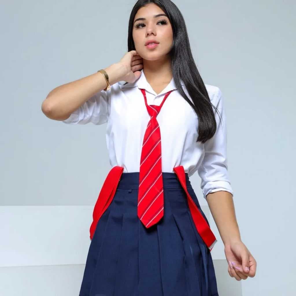 Conjunto Feminino Colegial Rebeldes RBD Camisa Social Saia Plissada Gravata e Suspensorio Fantasia