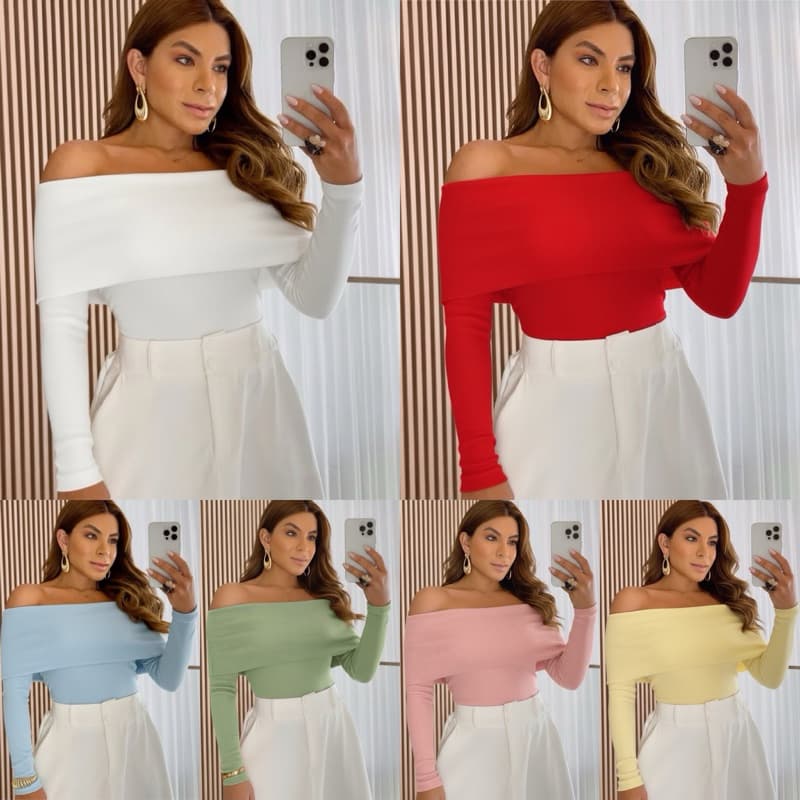 Blusa manga longa ciganinha ribana ombro a ombro tomara que caia moda outono inverno lançamento Virgínia