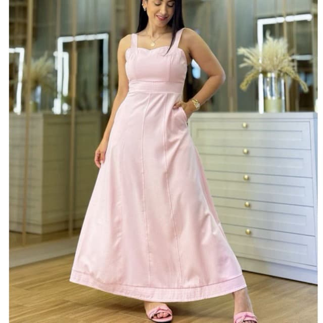 Vestido Longo Maria Feminino Com Bolso Elegante Moda Evangélica