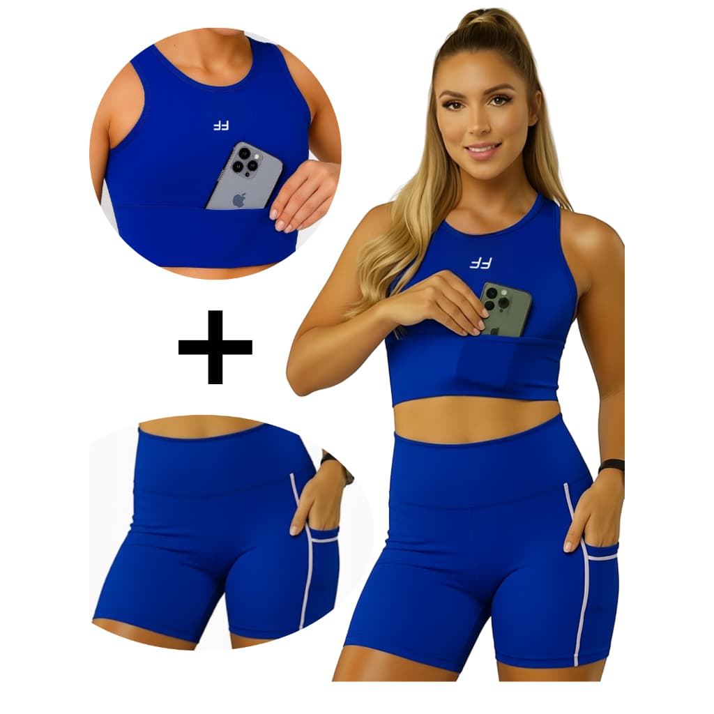 Conjunto Fitness Top Com Bolso e Short Com Bolso Alta Compreensão Academia CrossFit Pilates Feminino