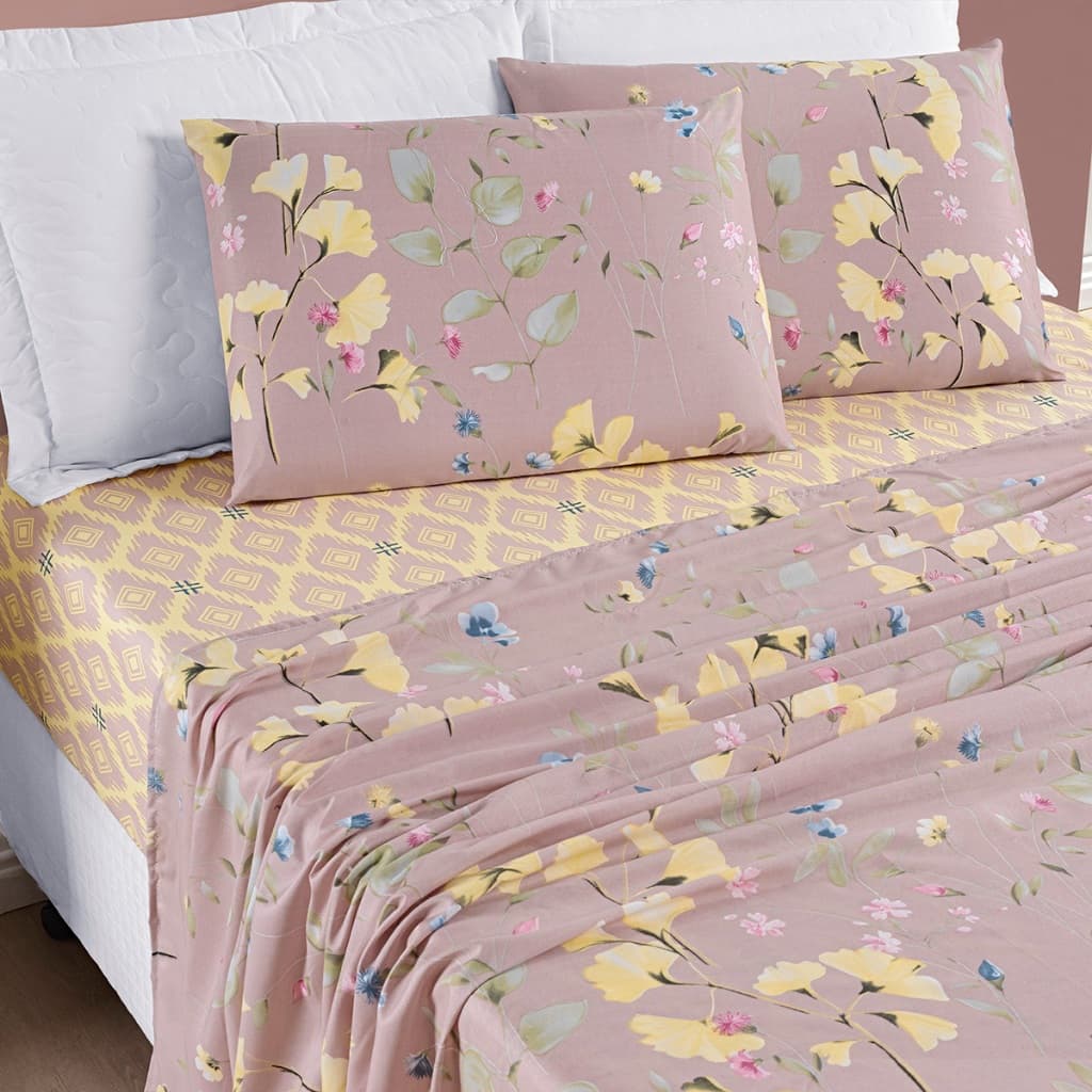 Jogo de Lençol Bouti Floral Solteiro Casal Queen King Microfibra 100% Poliéster Confortável Macio