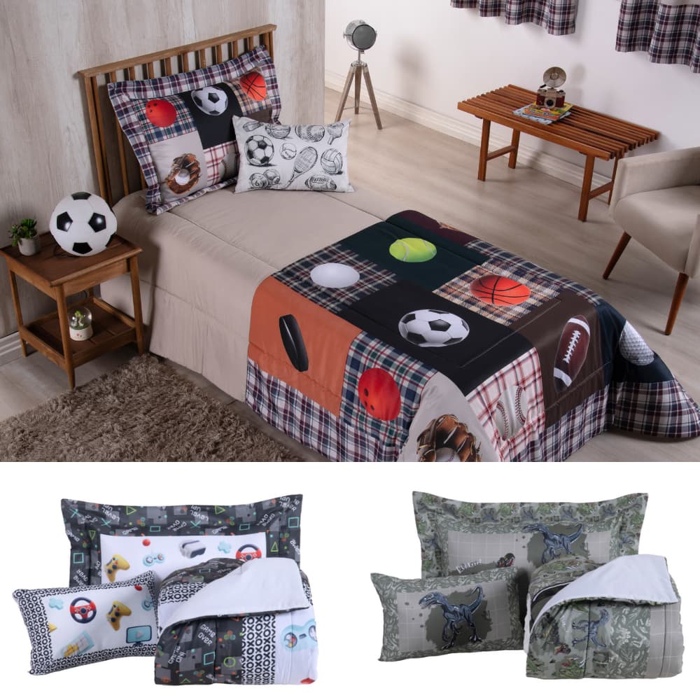 Kit Edredom Solteiro Infantil Juvenil Estampa Digital Jogo de Cama 300 fios 2,50x1,90m Menino 4Peças