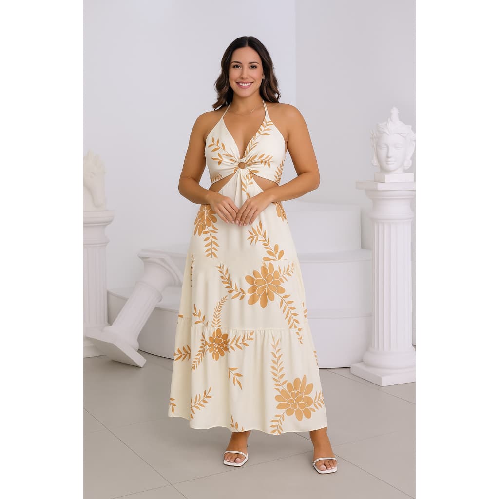 Vestido Estampado Crepe 38-44 Gola V Amarra nas costas com elastico 9852