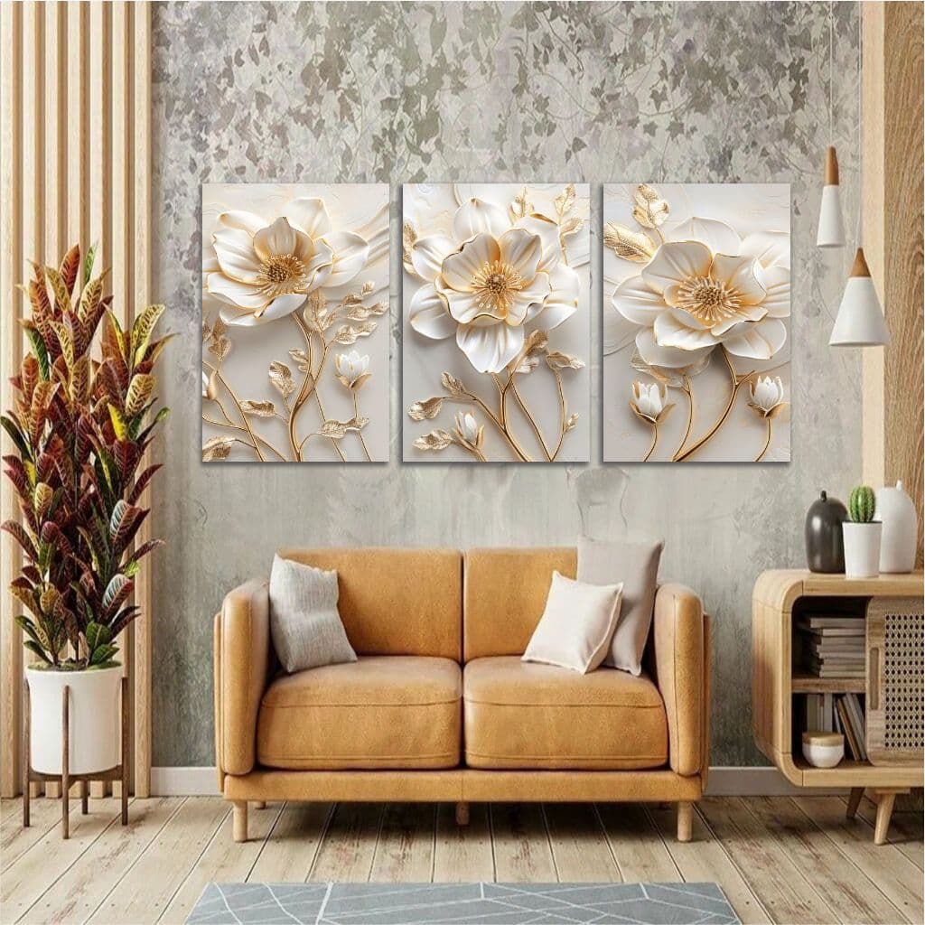 Quadros Decorativos para Sala 3 peças Flor Branca e dourada gold flores para Quarto Escritório