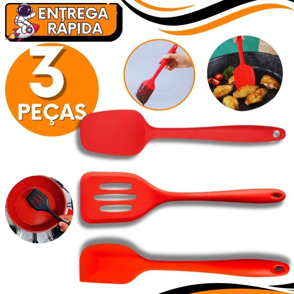 KIT JOGO 3 Espátulas Silicone Reta + Espátula Vazada+ Espátula Pão Duro antiaderente Culinária Silicone Resistente