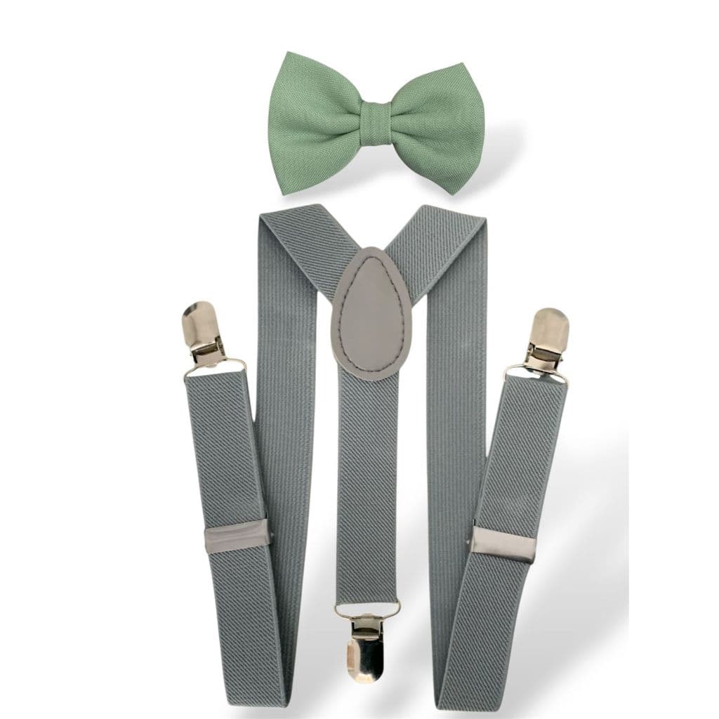 Kit Suspensório Cinza Claro e Borboleta Verde Pistache Lisa Fosca Infantil Para Pajens de Casamento