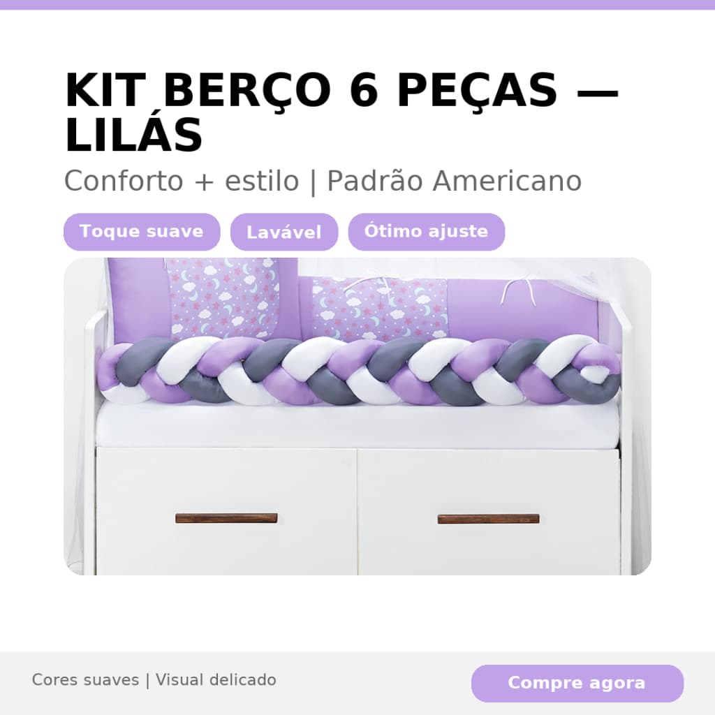 Kit Berço Menina Lilás Padrão Americano Conforto e Proteção Toque Macio 6 Peças