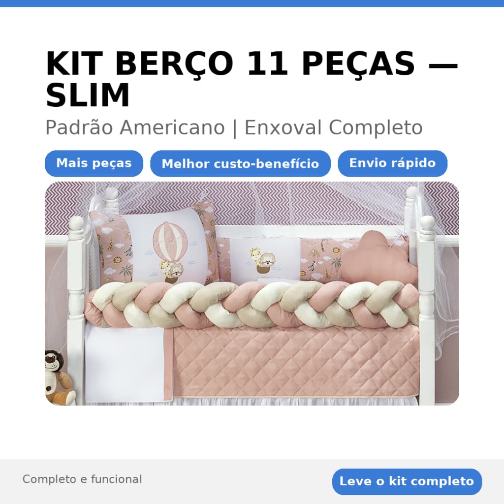 Kit Berço Menina 11 Peças  Trança + Mosquiteiro  Enxoval Completo