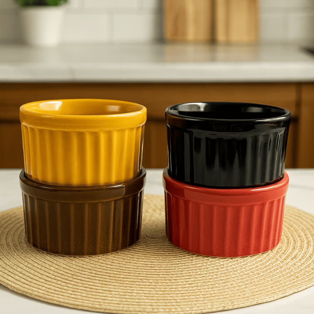 Ramequim Colorido Grande de Porcelana Canelado 220ml Para Gratinados Forno Servir Entradas Molho Porções