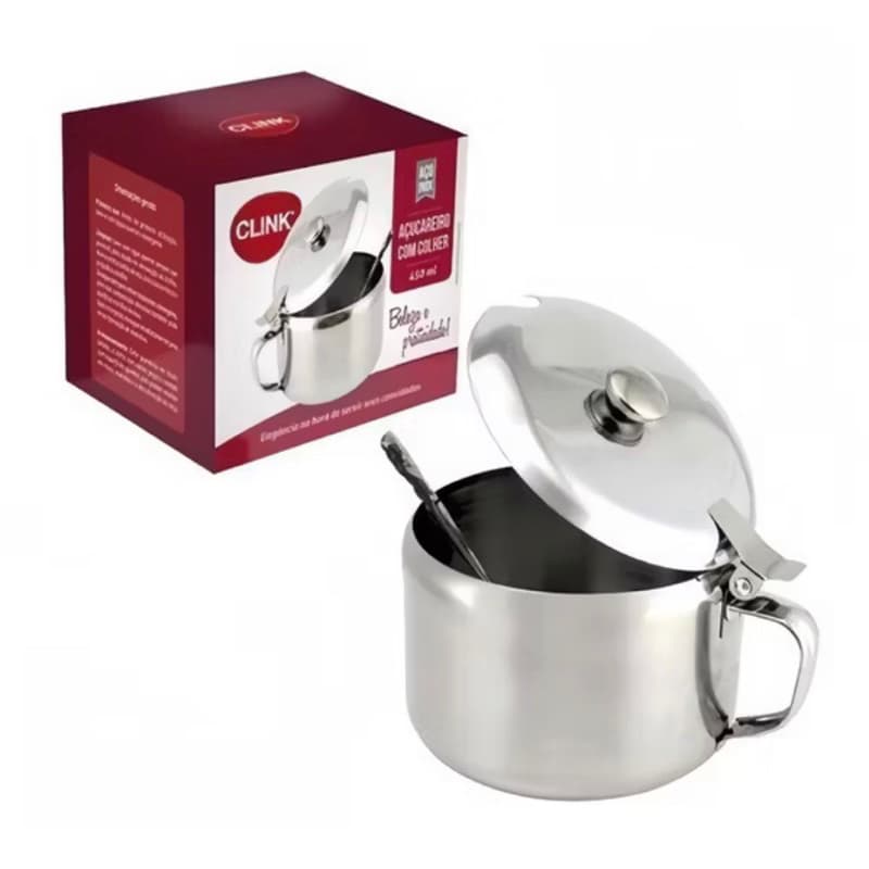 Açucareiro inox 350 ml com colher tampa resistente moderno prático durável cozinha café chá mesa
