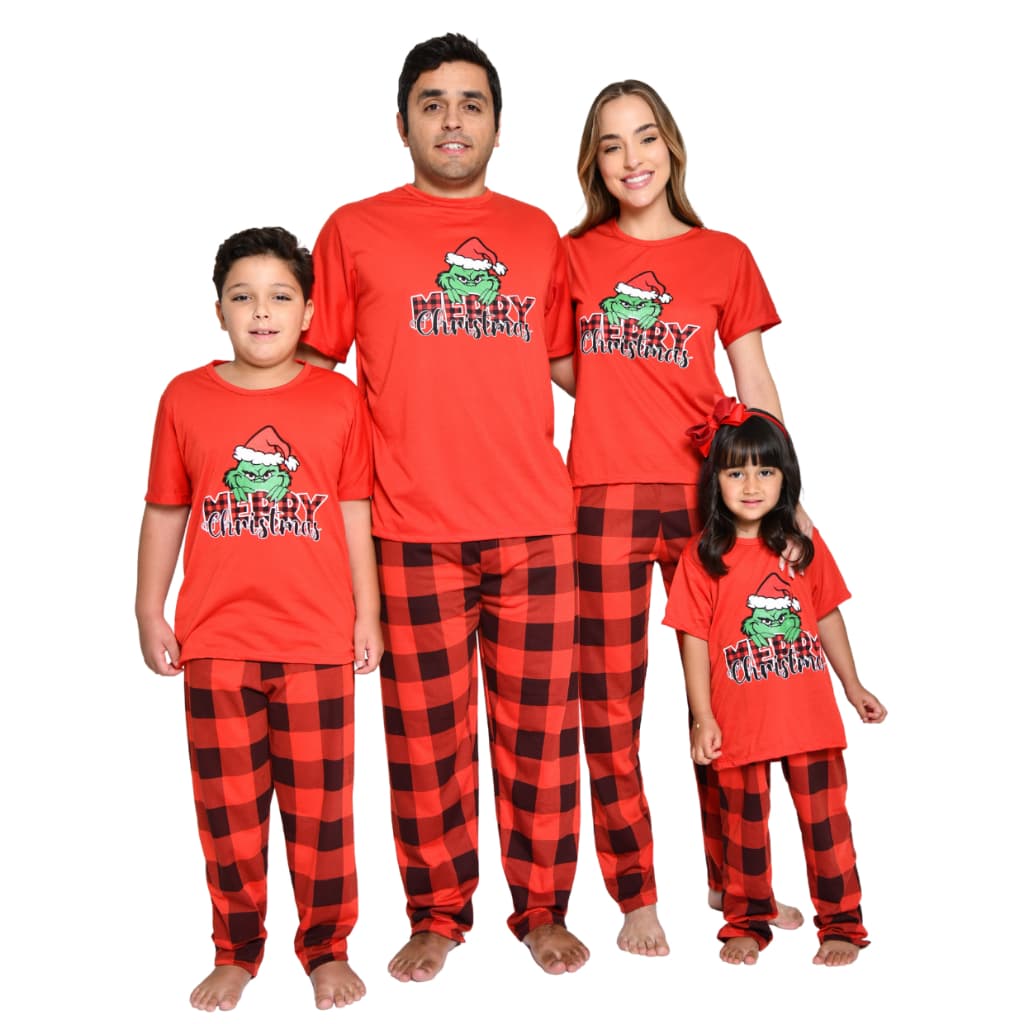 Pijama Para Família Natal Kit Combinado Estampa Grinch Meia Estação Blusa Manga Curta e Calça Adulto e Infantil
