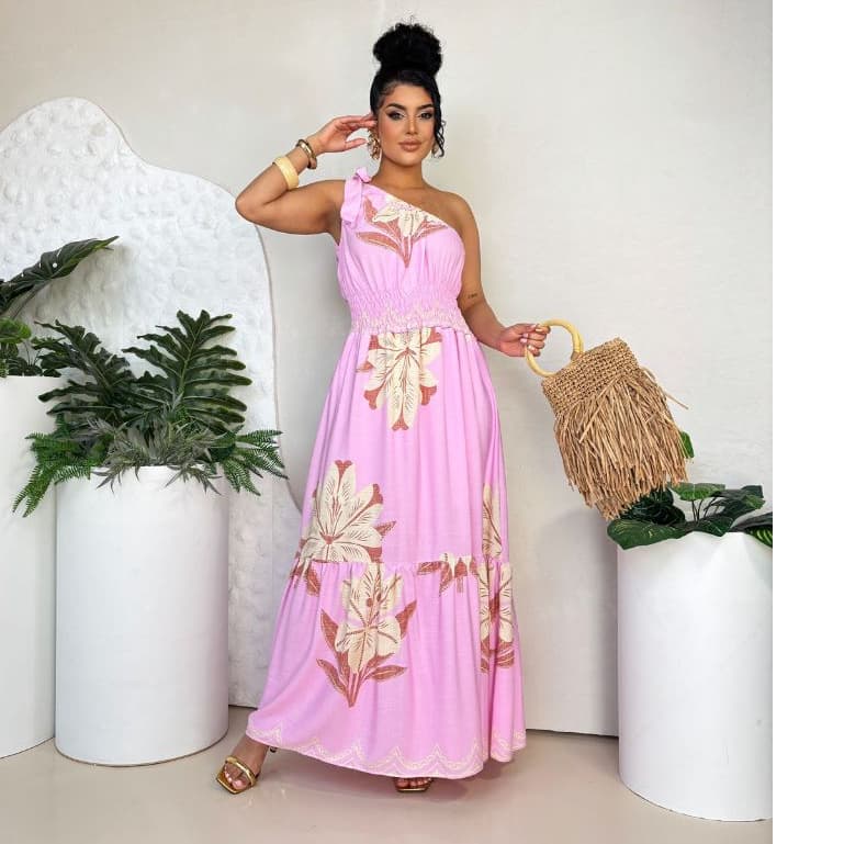 Vestido Longo manca mula de amarrar com elastex na cintura | estampado floral nula manga