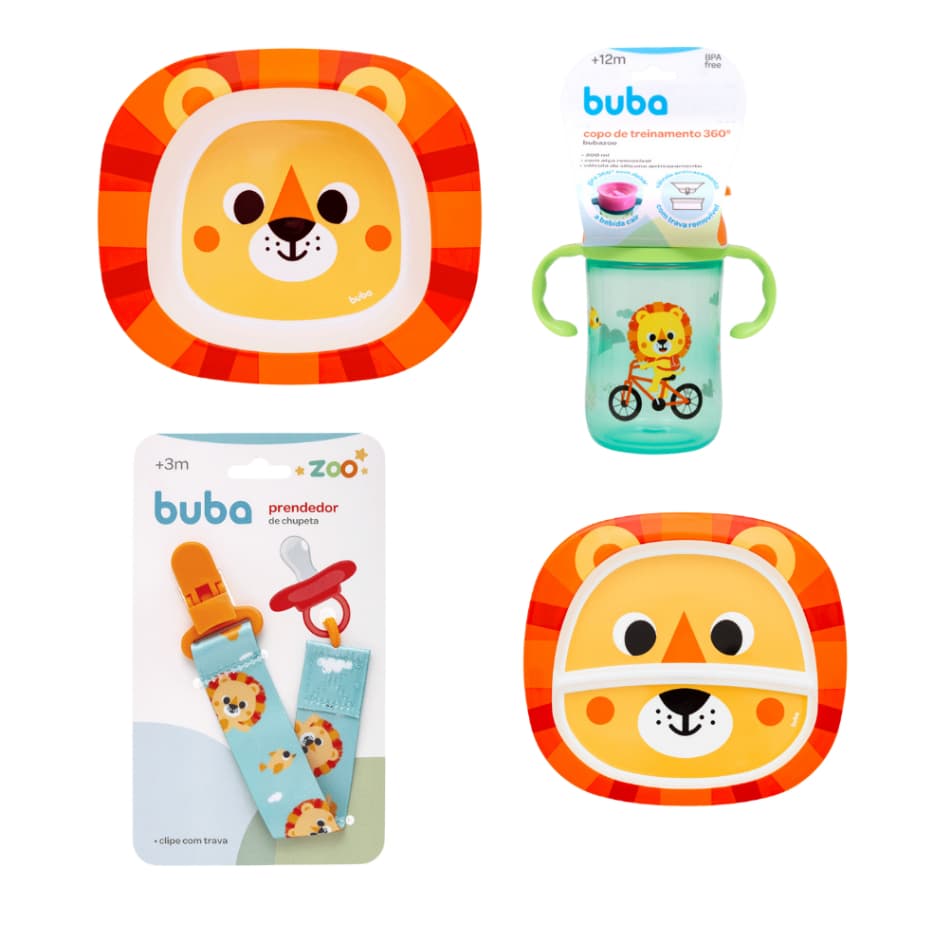 Kit Infantil Alimentação e Treinamento Copo 360 + Prato Dividido + Prendedor de Chupeta Leão