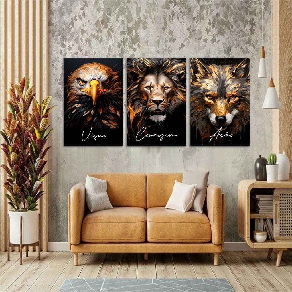 Quadros Decorativos para Sala 3 peças Leão Águia Lobo Frase Motivacional para academiaEscritório