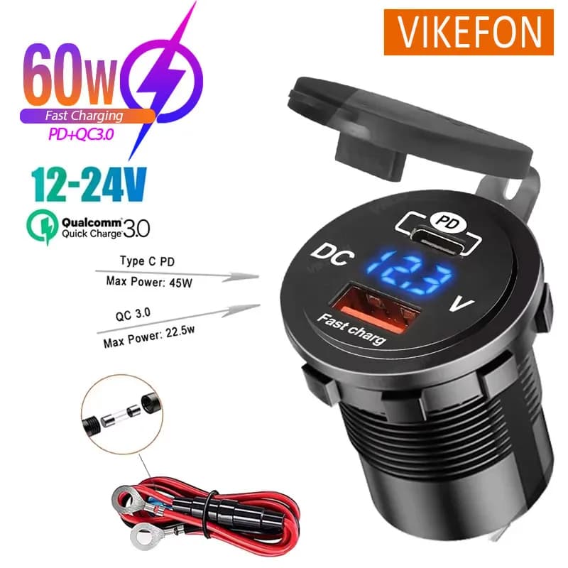 Tomada Carregador Carro Usb Tipo C Pd3.0 Voltimetro Azul