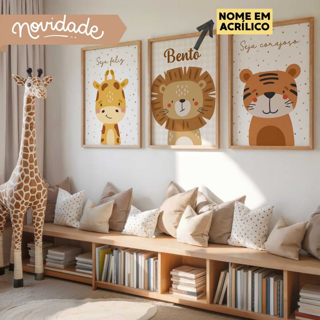 Quadro Decorativo 3 peças SAFARI BABY Decoração Quarto Infantil Menino - NOME EM ACRÍLICO