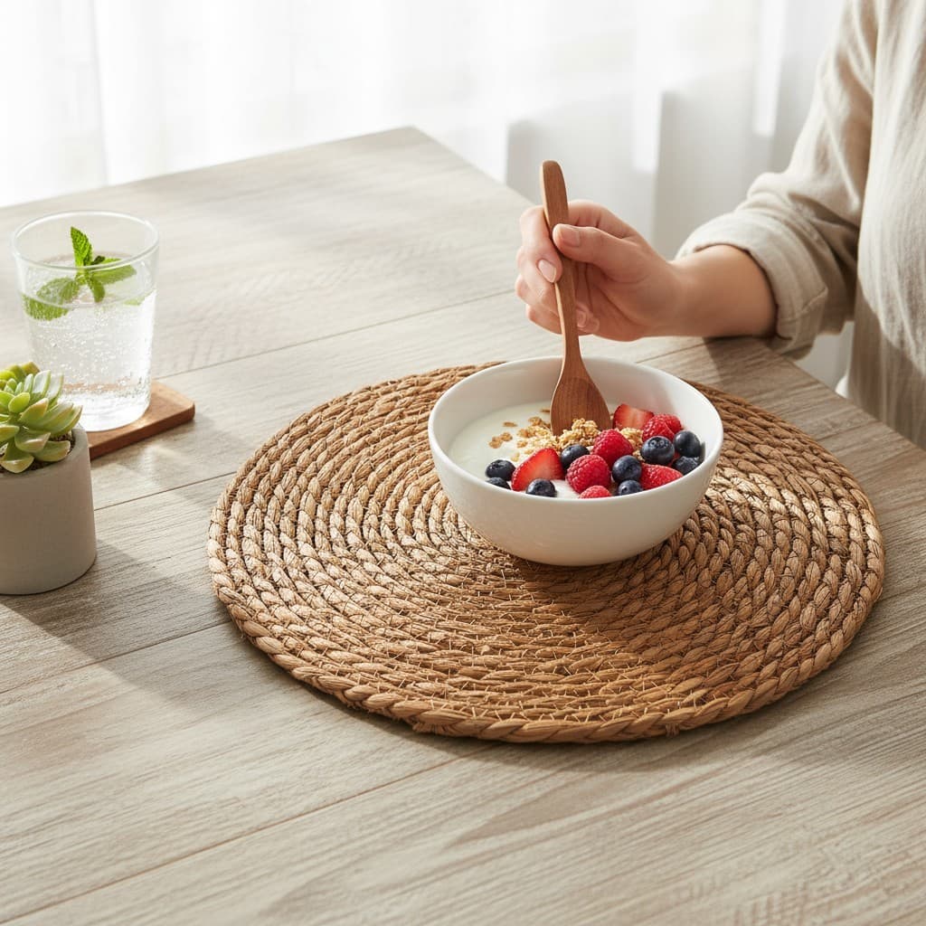 🍃 Descanso de Mesa Circular 38cm 🌾 Artesanal Trançado em Fibra Natural 🌸 Charme Rústico e Toque Sofisticado 💫