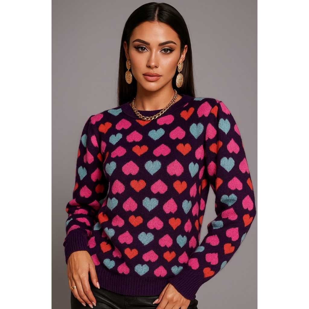 Blusa Feminina de Inverno Grossa em Tricot Corações Coloridos