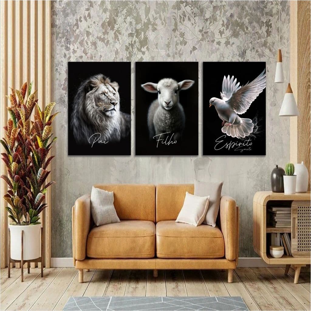 Quadros Decorativos para Sala 3 peças Pai Filho Espírito Santo ovelha e o divino espirito santo
