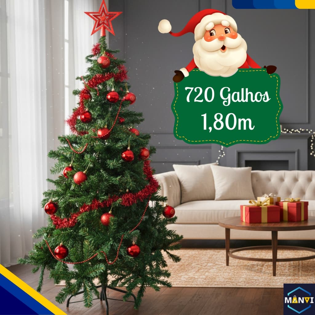 Árvore Pinheiro Natal Grande 1,80m 720 Galhos Cheia Verde Tradicional Decoração Natalina Premium