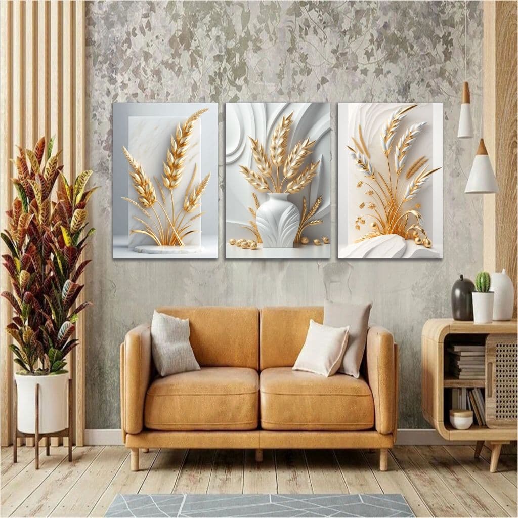 Quadros Decorativos para Sala 3 peças Trigo Dourados Brancos Quarto Escritório flores brancas
