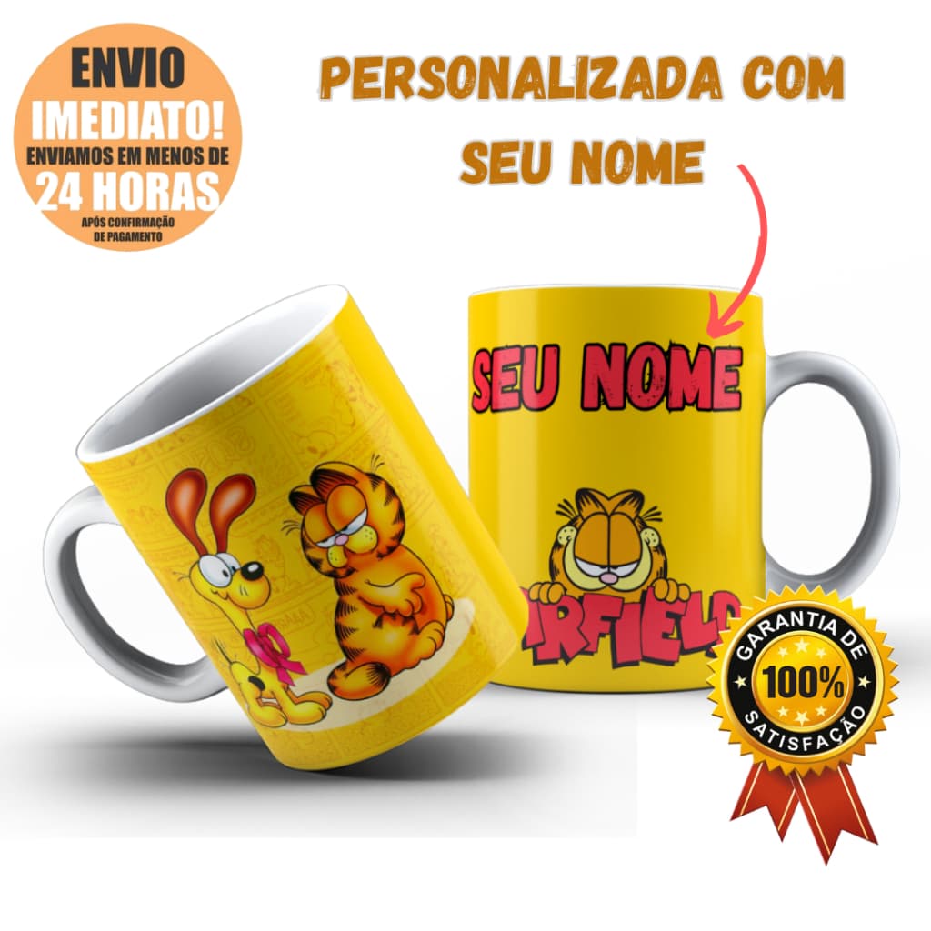 Caneca Xícara Personalizada COM NOME Garfield Desenho Estampas Exclusivas Porcelana ou Polímero Envio 24h